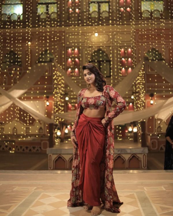 Maroon Crape Printed Shrug Suit