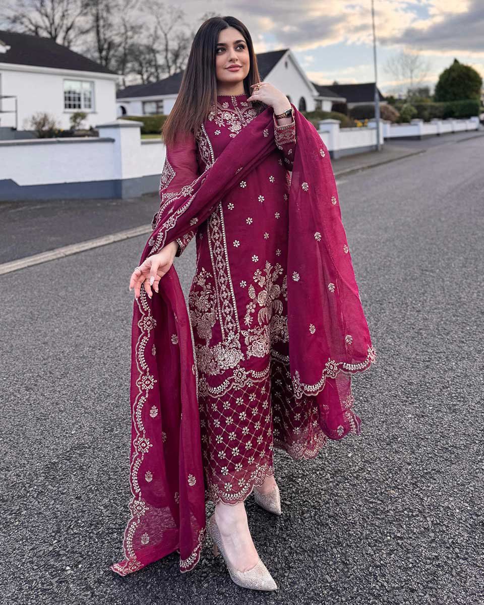 Maroon Georgette Embroidery Salwar Suit