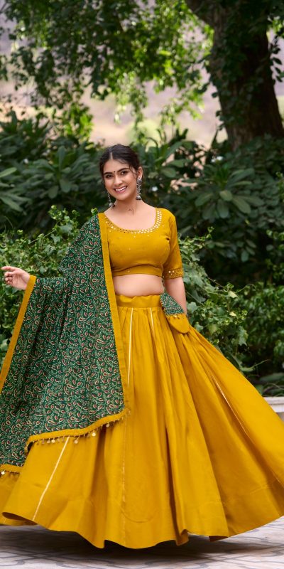 Mustard Cotton Plain Lehenga Choli