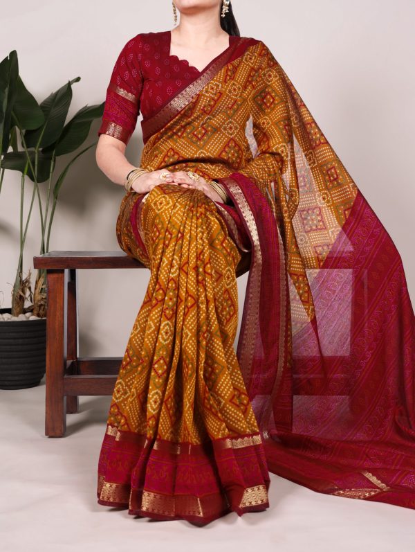 Mustard Polyester Weaving Printed Saree