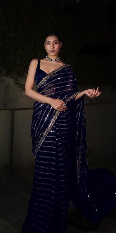 Navy Blue Georgette Embroidery Work Saree