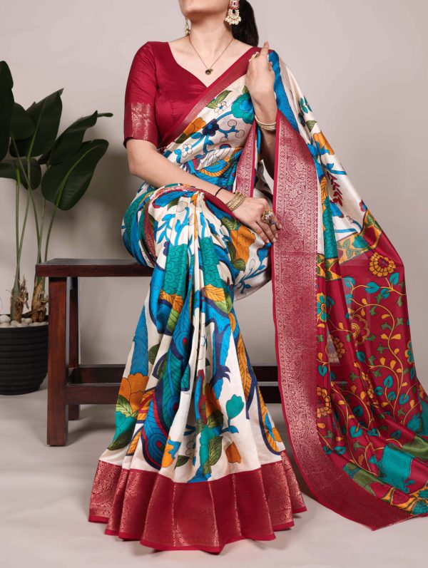 Off White Tasar Silk Printed Saree