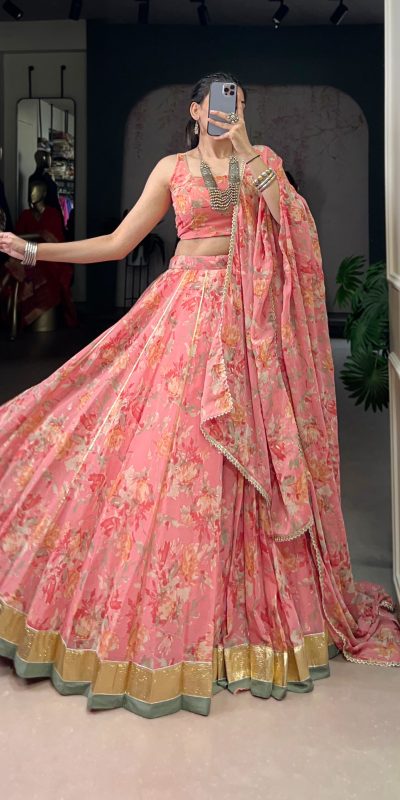 Peach Chiffon Embossed Lehenga Choli