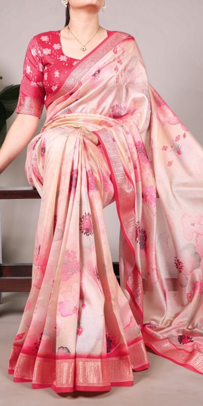 Peach Viscose Printed Saree