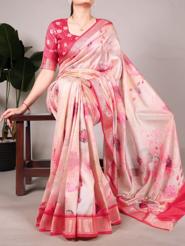Peach Viscose Printed Saree