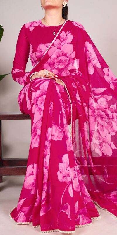 YNF 7011 Pink Color Chiffon Foral Printed Pearl Lace Border Saree Casual, Wedding, Festive, Events . Expected Delivery 4-6 Working Days @1499/- only | Sarees, Bollywood Sarees, Creative Sarees, Designer Sarees, Embroidered Sarees, Ethnic Saree, Modern Digital sarees, Party Wear Sarees
