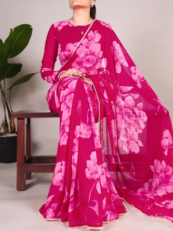 Pink Chiffon Printed Saree