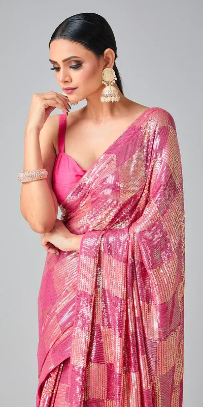 DF 3426 Pink Color Georgette 5MM Sequins Embroidery Work Saree Casual, Wedding, Festive, Events . Expected Delivery  4-6 Working Days @1749/- only                                                 | Sarees, Bollywood Sarees, Creative Sarees, Designer Sarees, Embroidered Sarees, Ethnic Saree, Modern Digital sarees, Party Wear Sarees