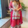 Red Chinon Printed Salwar Suit