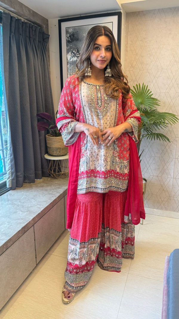 Red Chinon Printed Salwar Suit