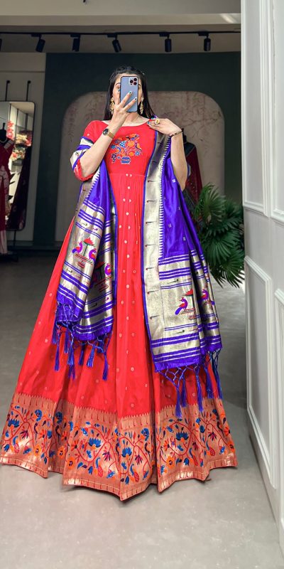 Red Jacquard Silk Paithani Zari Gown
