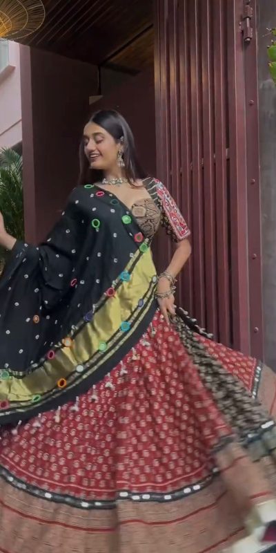 Red Polly Rayon Printed Work Lehenga Choli