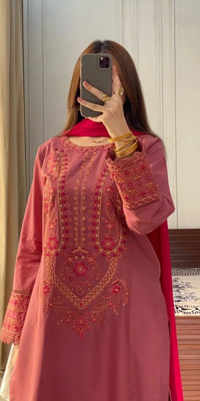 Red Roman Silk Embroidery Work Salwar Suit