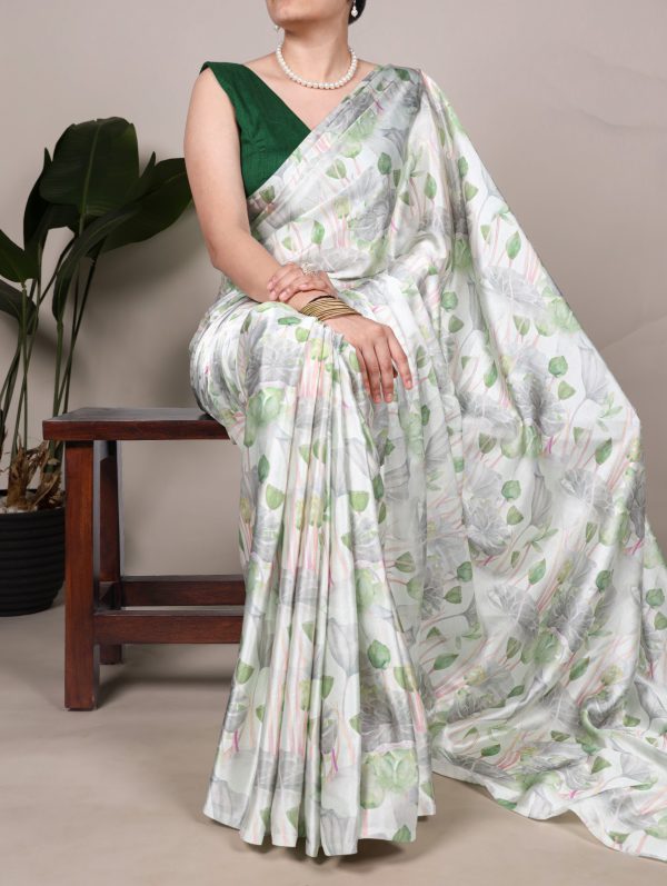 Sea Green Satin Silk Printed Saree
