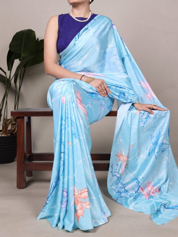 Sky Blue Satin Silk Printed Saree