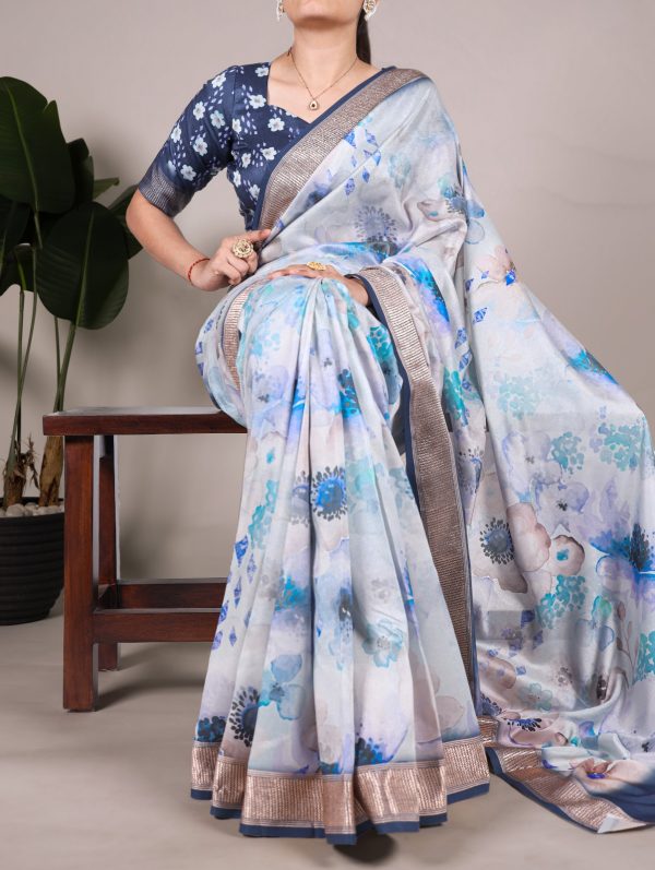 Sky Blue Viscose Printed Saree
