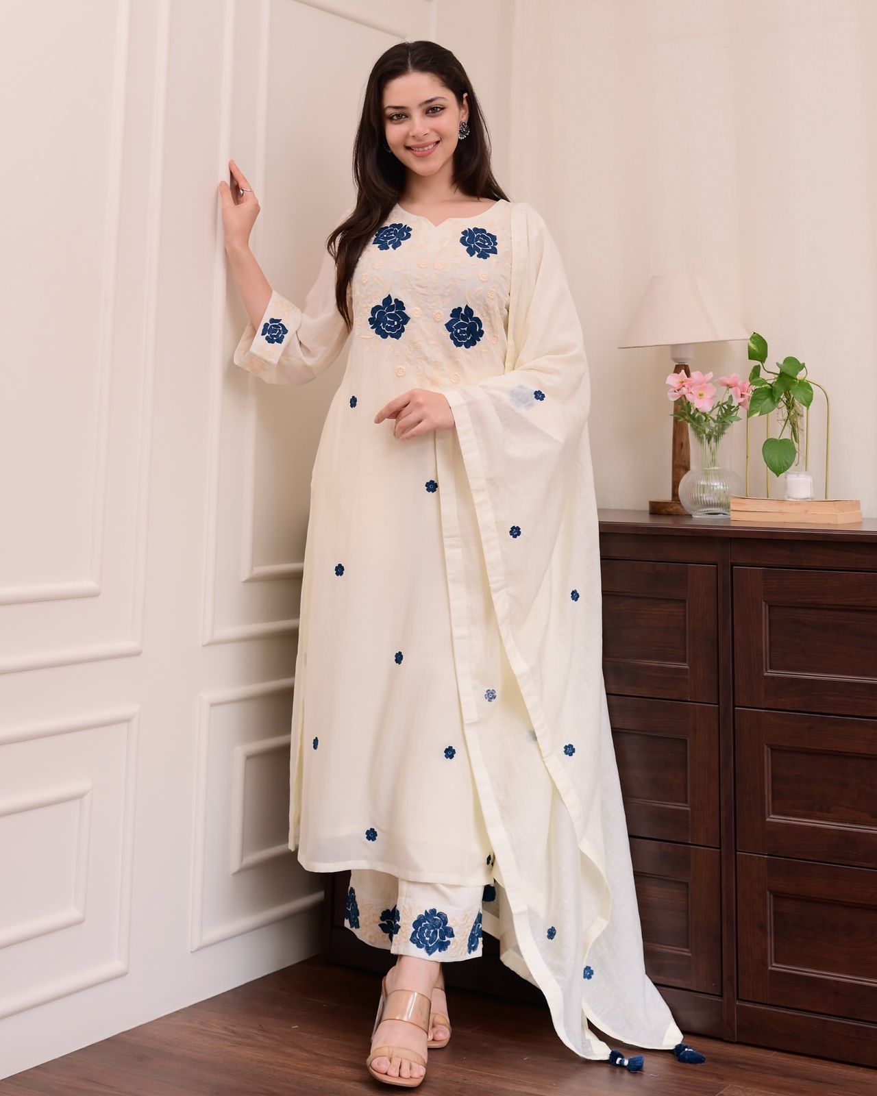 White Roman Silk Embroidery Salwar Suit - Image 2