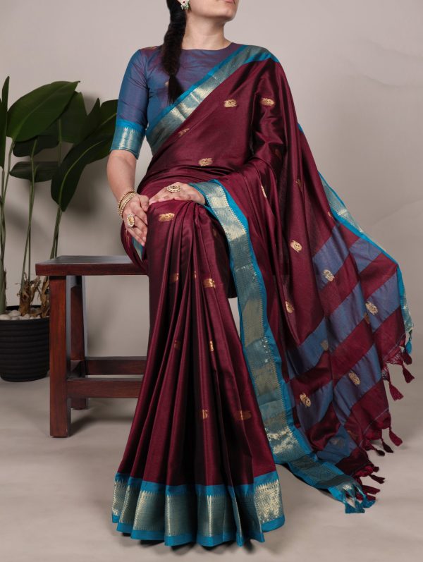 Wine Cotton Paithani Saree