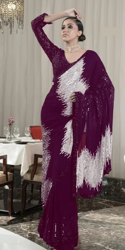 Wine Georgette Sequins Work Saree