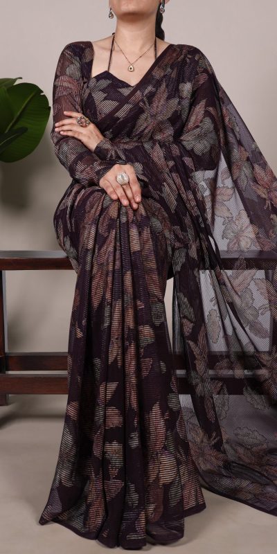 Wine Lurex Floral Viscose Saree