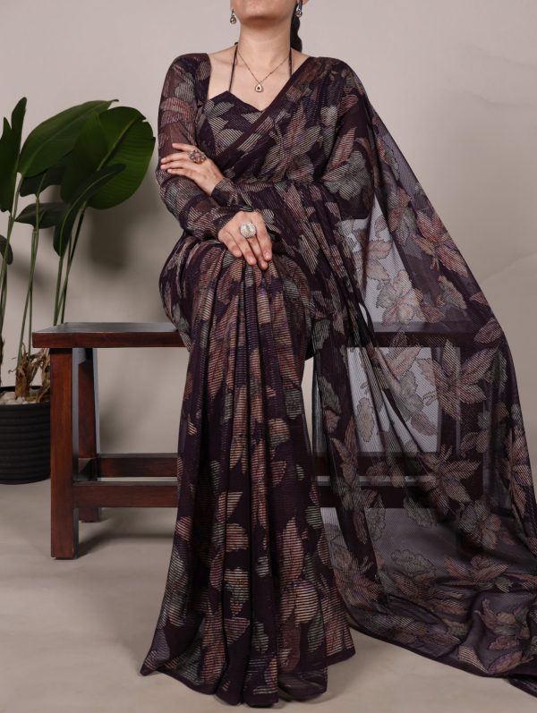 Wine Lurex Floral Viscose Saree