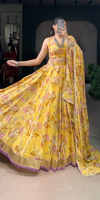 Yellow Chiffon Embossed Lehenga Choli