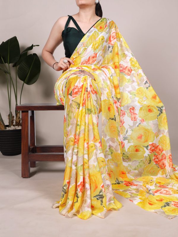Yellow Dull Satin Printed Saree