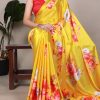 Yellow Satin Silk Printed Saree