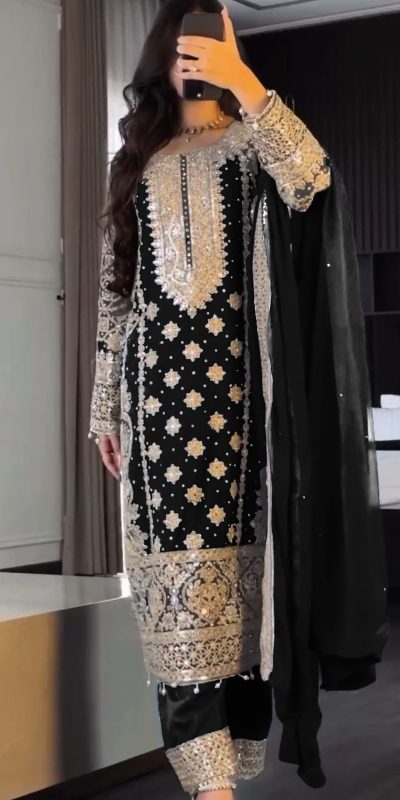 Black Faux Georgette Embroidery Salwar Suit