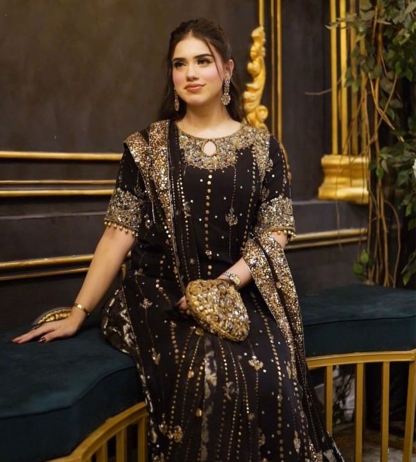 Black Foux Gorgette Lace Work Salwar Suit