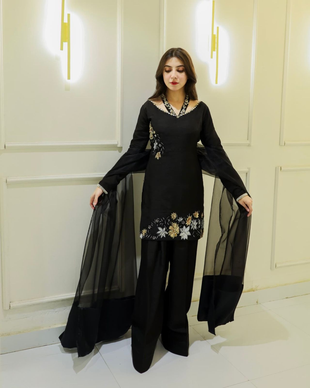 Black Natural Crep Silk Embroidery Salwar Suit - Image 11