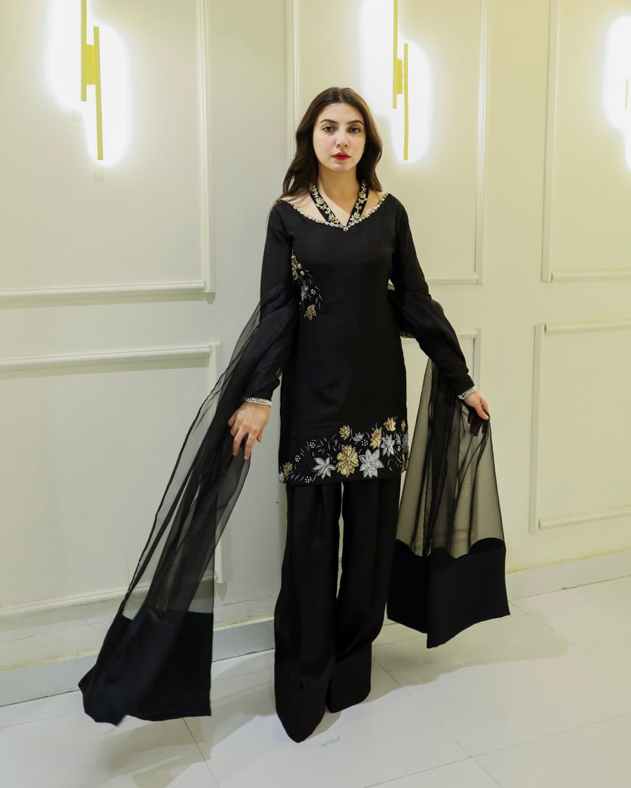 Black Natural Crep Silk Embroidery Salwar Suit