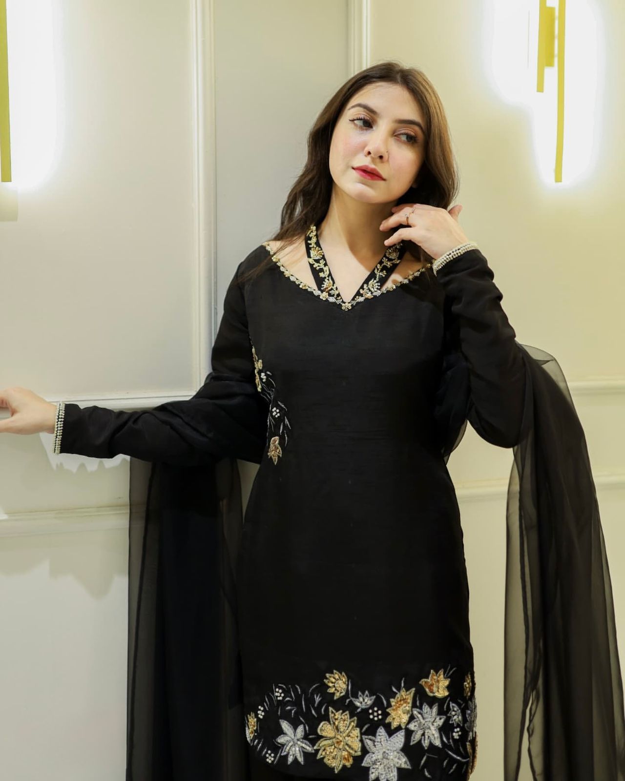 Black Natural Crep Silk Embroidery Salwar Suit - Image 8