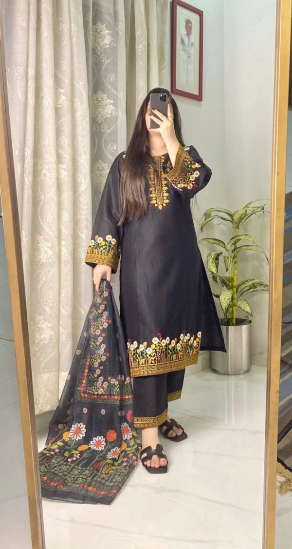 Black Roman Silk With Embroidery Salwar Suit