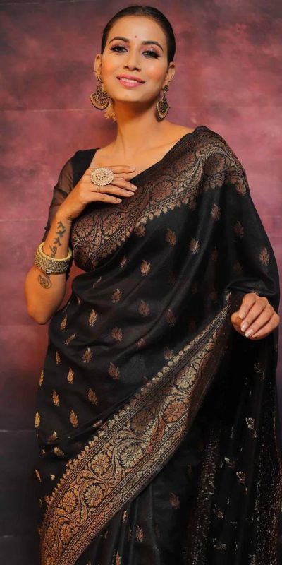 KP 6010 Black Soft Lichi Silk Jacquard Saree Perfect for Wedding, Party, Traditional Day, Family Gatherings, Sangeet . Grab it for ₹1349. Delivery 4-6 W | Sarees, Bollywood Sarees, Creative Sarees, Designer Sarees, Embroidered Sarees, Ethnic Saree, Modern Digital sarees, Party Wear Sarees