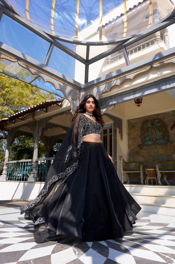 Black Star Satin Embroidery Work Lehenga Choli