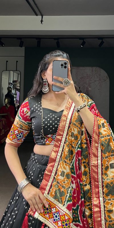 LNB 1734 Black Tasar Silk Gamthi Work With MirrorWork Lehenga Choli Introductory Price ₹2999. Delivery 4-6 Working Days. Shop now. | Lehenga, Bollywood Lehenga, Creative Lehenga, Designer Lehenga, Embroidered Lehenga, Party Wear Lehenga