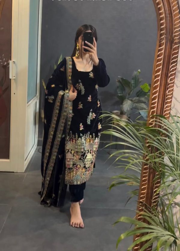 Black Viscose Velvet Embroidery Work Salwar Suit