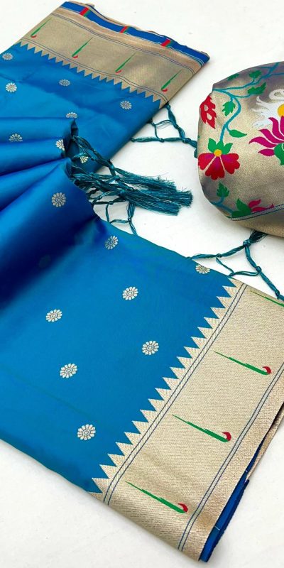 Blue A Pethani Silk Lace Zari Work Saree
