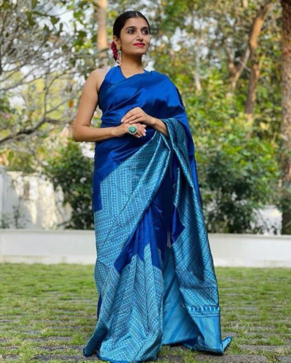 Blue Lichi Silk Lace Border Work Saree