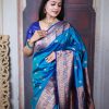 Blue Paithani Ajanta Lotus With Lace Work Saree