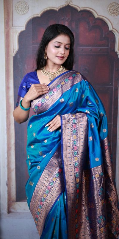 Blue Paithani Ajanta Lotus With Lace Work Saree