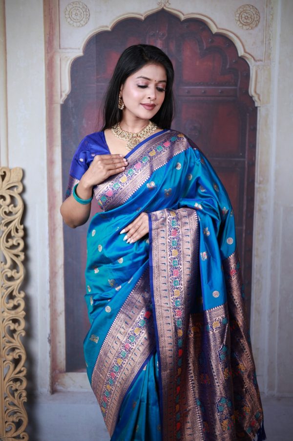 Blue Paithani Ajanta Lotus With Lace Work Saree
