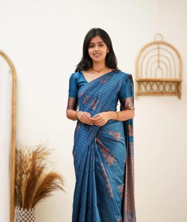 Blue Soft Lichi Silk With Lace Work Saree