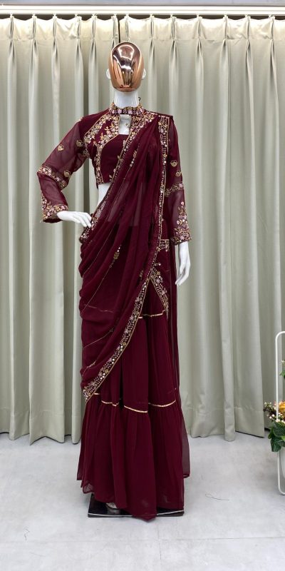 BE 280 Brown Georgette Lehenga Saree Perfect for Wedding, Party, Cultural Events, Housewarming, Ganesh Chaturthi . Affordable Price ₹2399. Delivery 4- | Lehenga, Bollywood Lehenga, Creative Lehenga, Designer Lehenga, Embroidered Lehenga, Party Wear Lehenga
