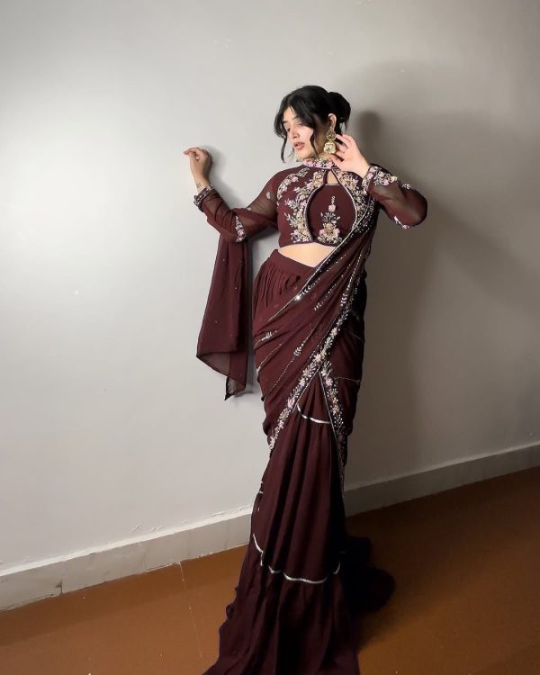 BE 280 Brown Georgette Lehenga Saree Perfect for Wedding, Party, Cultural Events, Housewarming, Ganesh Chaturthi . Affordable Price ₹2399. Delivery 4- | Lehenga, Bollywood Lehenga, Creative Lehenga, Designer Lehenga, Embroidered Lehenga, Party Wear Lehenga