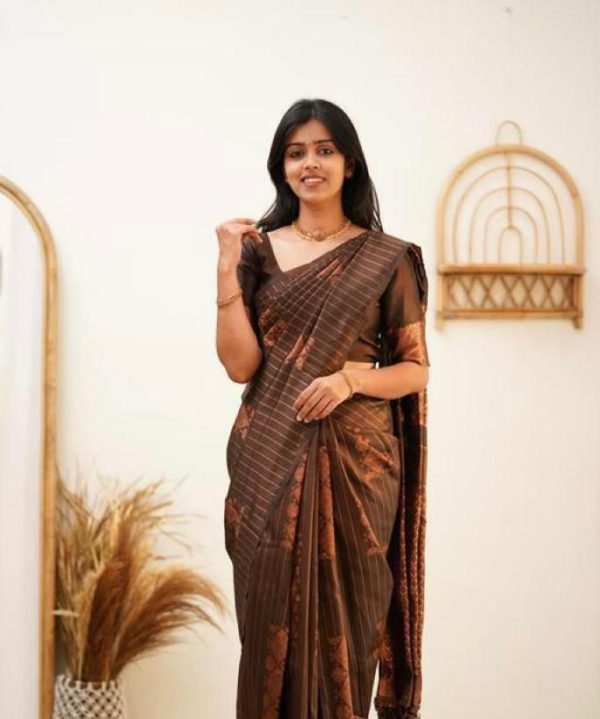 Brown Soft Lichi Silk With Lace Work Saree