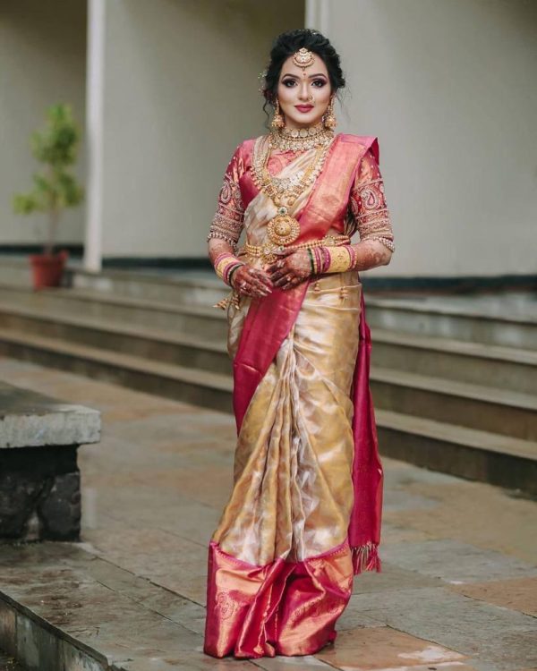 Cream Soft Lichi Silk Saree