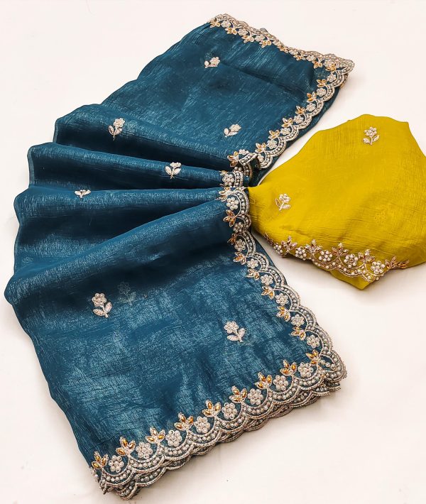 Firozi Crunchy Chiffon Embroidery Work Saree