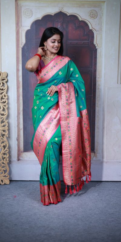 Firozi Paithani Ajanta Lotus With Lace Work Saree